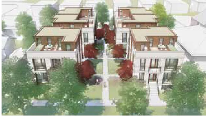 Rendering of six townhouses with garden apartments on a double lot in Seattle.