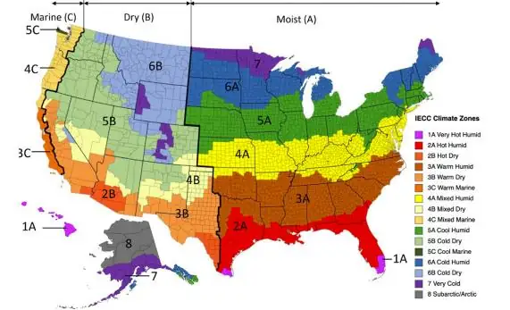 Map of the IECC climate zones in the US, 1A very hot humid through 8 subarctic, with moist, dry, and marine divisions.